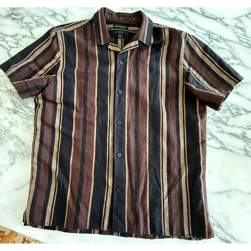 Banana Republic Mens Large Brown Striped Short Sleeve Camp Collar Button Down LG